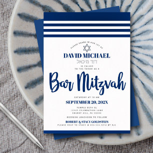 Invitation En Aluminium Tallit Moderne Bar Mitzvah Bleu Marine Écriture Ar