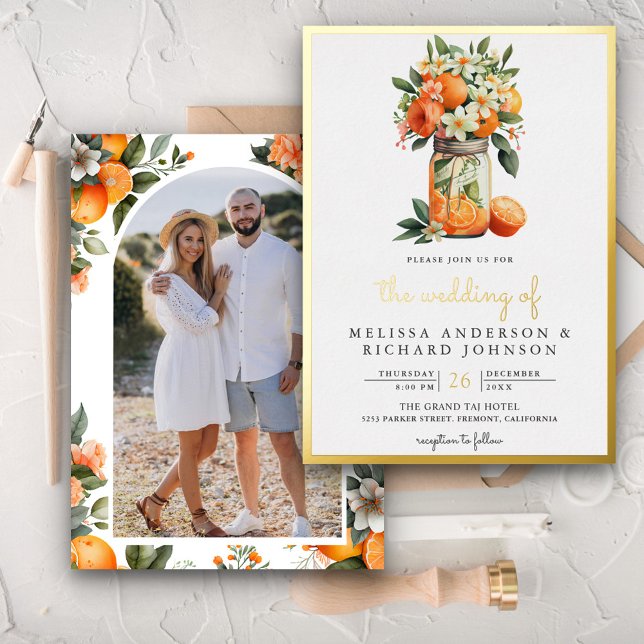 Invitation En Aluminium Tangerine Citrus Orange Mason Jar Mariage Or (Créateur téléchargé)