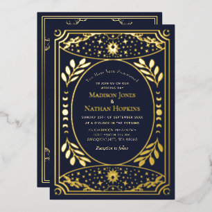 Invitation En Aluminium Tarot Vintage Or et Navy Mariage Gothique Feuille