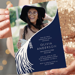Invitation En Aluminium Tassel Photo Navy Silver Graduation Party