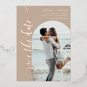 Invitation En Aluminium Taupe photo arc vertical Enregistrer la date