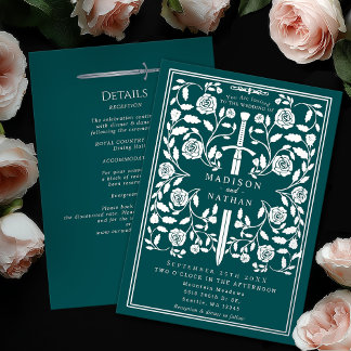 Invitation En Aluminium Teal Royal Medieval Silver Sword Wedding Details