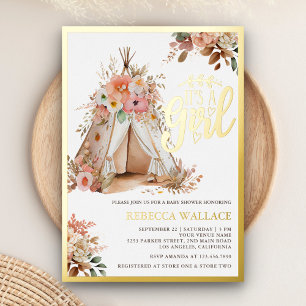 Invitation En Aluminium Teepee Bohème Tribale Fleurie pour Baby Shower Fil