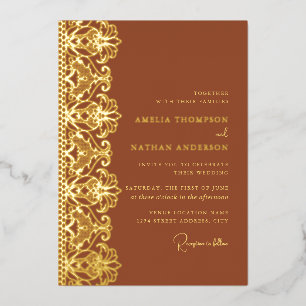 Invitation En Aluminium Terracotta Élégant Mariage Doré Foil Broderie