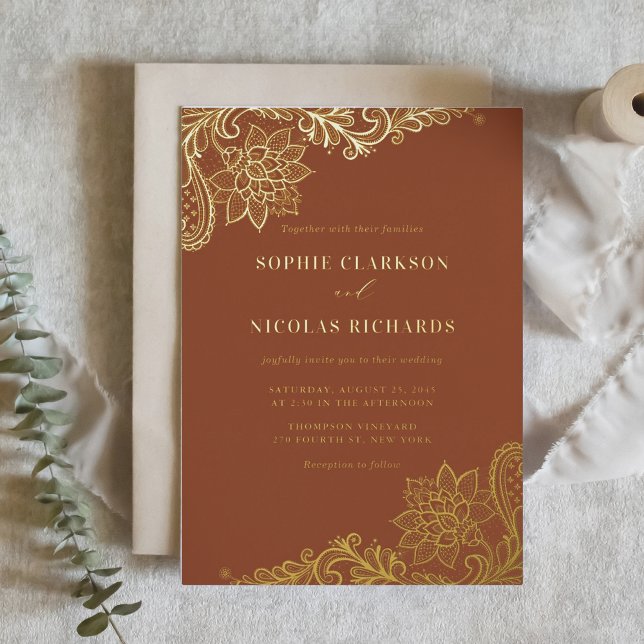 Invitation En Aluminium Terracotta élégante dentelle antique Mariage rusti (Créateur téléchargé)