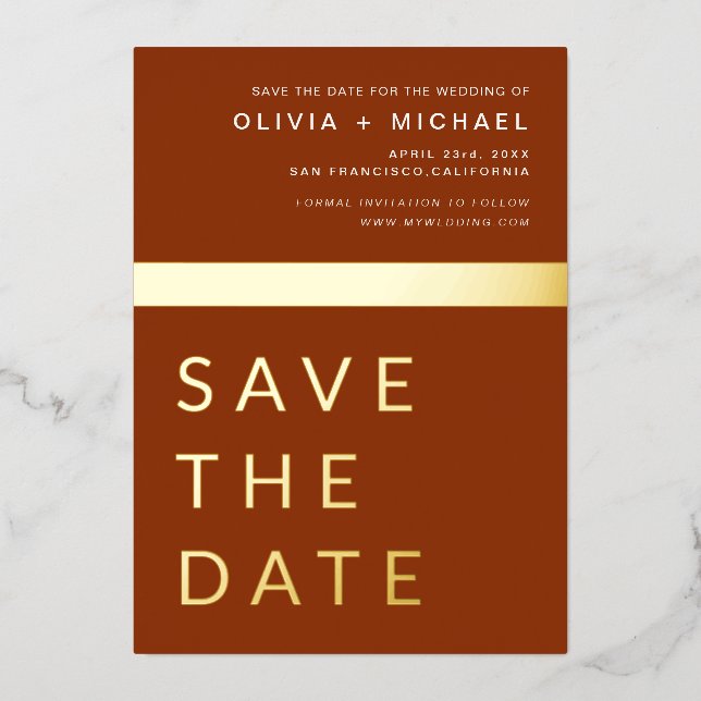Invitation En Aluminium Terracotta Gold Enregistrer la date Elegant (Recto)