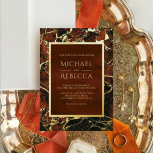 Invitation En Aluminium Terracotta Moderne Marbre Doré Photo Mariage