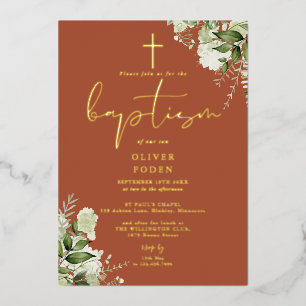 Invitation En Aluminium Terracotta Verdure Monogramme Baptême Or