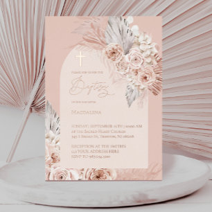 Invitation En Aluminium texte or rose baptême fleurs boho