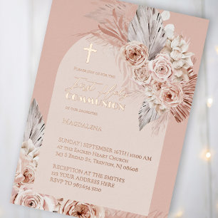 Invitation En Aluminium texte or rose pour Première Sainte Communion