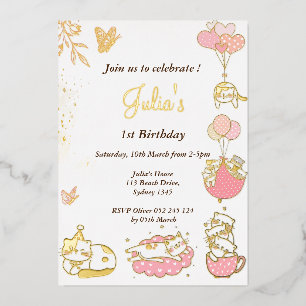 Invitation En Aluminium Thème de chat bébé fille 1er anniversaire