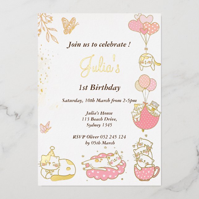 Invitation En Aluminium Thème de chat bébé fille 1er anniversaire (Recto)