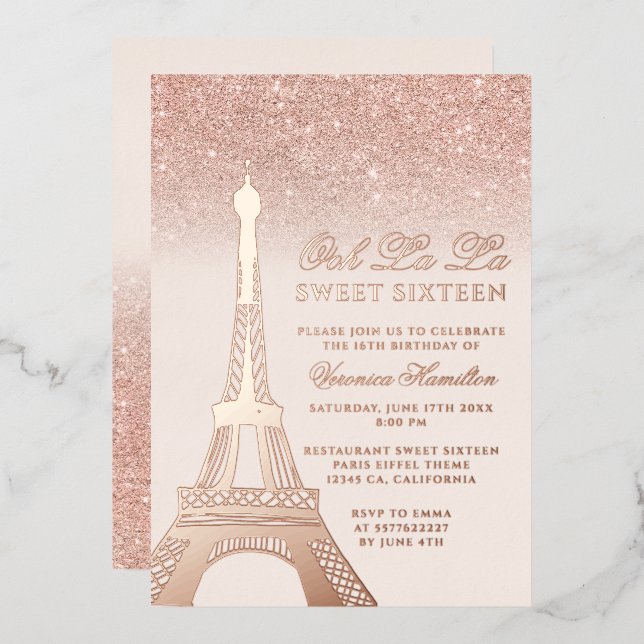 Invitation En Aluminium Tour Eiffel rose or parties scintillant rose rose  (Recto/Verso)