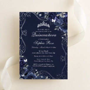 Invitation En Aluminium Tourbillon Floral Navy Papillon Argenté Quinceaner