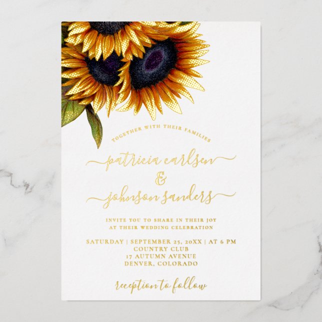 Invitation En Aluminium Tournesol élégant feuille d'or chic script mariage (Recto)