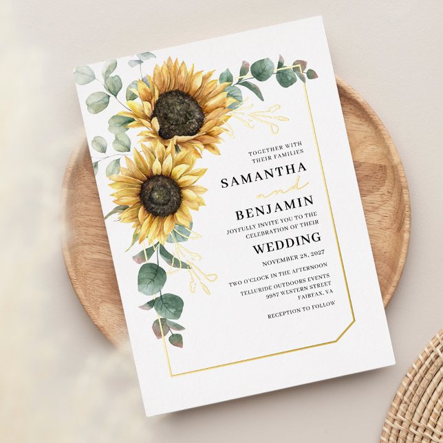 Invitation En Aluminium Tournesol Eucalyptus Floral Mariage (Floral Sunflower Eucalyptus Wedding Gold Foil Invitation)