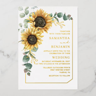 Invitation En Aluminium Tournesol Eucalyptus Flore Vert Mariage Or