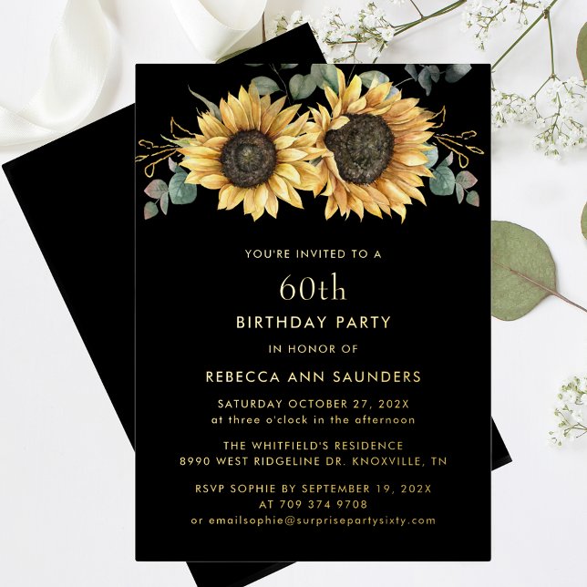Invitation En Aluminium Tournesol floral 60e anniversaire de fête Gold (Sunflower Eucalyptus Floral 60th Birthday Party Gold Foil Invitation)