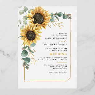 Invitation En Aluminium Tournesol Floral Eucalyptus Vert Or