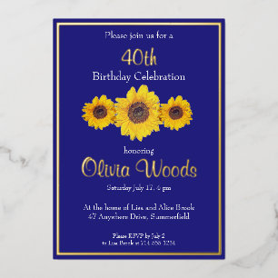 Invitation En Aluminium Tournesols en bleu - 40e anniversaire
