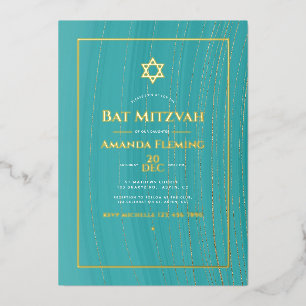 Invitation En Aluminium Tourquoise et Gold Faux Agate Photo Bat mitzvah Fa