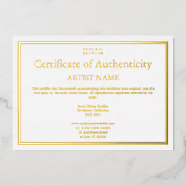 Invitation En Aluminium Tout Gold Foil Certificat d'authenticité Art