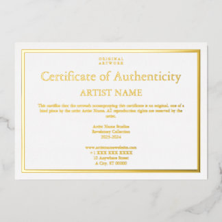 Invitation En Aluminium Tout Gold Foil Certificat d'authenticité Art