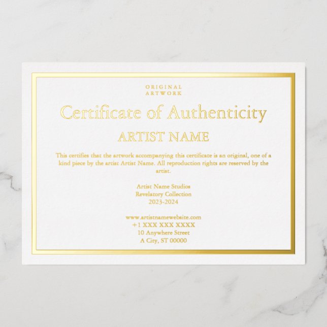 Invitation En Aluminium Tout Gold Foil Certificat d'authenticité Art (Recto)