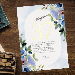 Invitation En Aluminium Toute année Blue Floral Anniversaire Or
