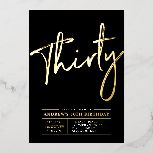 Invitation En Aluminium Trente | Soirée moderne Gold & Black 30e anniversa (Recto)