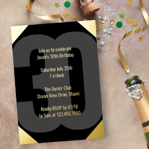 Invitation En Aluminium Trentième anniversaire gras Luxe noir et or