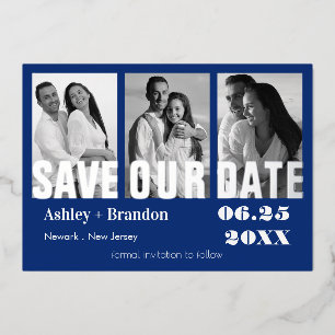Invitation En Aluminium Triple Photo Bleu, Blanc, VRAI