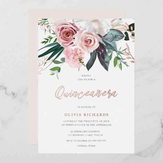 Invitation En Aluminium Tropical Blush rose Roses Quinceanera Parti (Recto/Verso)