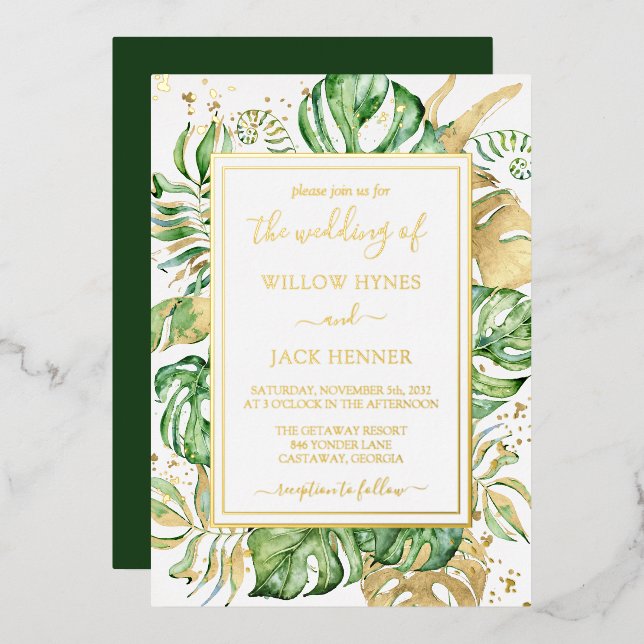 Invitation En Aluminium Tropical Gold Foil Élégant Mariage de feuillage (Recto/Verso)