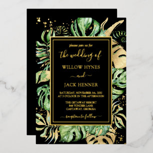 Invitation En Aluminium Tropical Gold Foil Élégant Mariage de feuillage