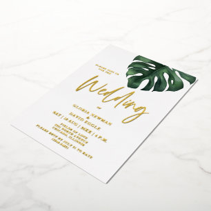 Invitation En Aluminium Tropical Palm Leaf Monstera Mariage Gold