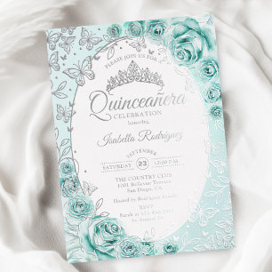 Invitation En Aluminium Turquoise Argent Floral Quinceanera