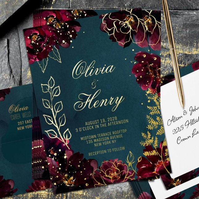 Invitation En Aluminium Turquoise Bordeaux Joyaux Tons Nom Mariage Or (Teal Bordeaux Jewel Tones Shimmering Gold Foil Wedding Invitation: Matching envelope sold separately)