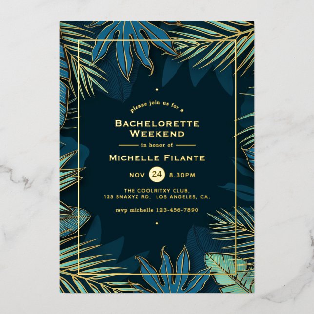 Invitation En Aluminium Turquoise et Gold Tropical Bachelorette Party (Recto)