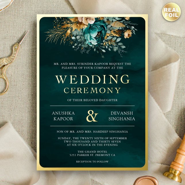 Invitation En Aluminium Turquoise Floral Photo Indian Mariage Gold (Créateur téléchargé)