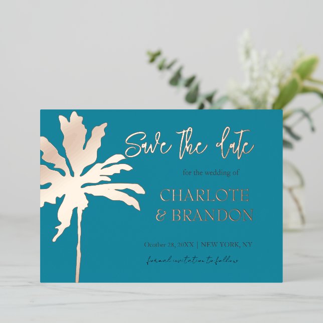 Invitation En Aluminium Turquoise Gold Palm Tree Beach Mariage Enregistrer (Debout devant)