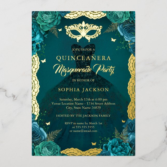Invitation En Aluminium Turquoise Masquerade Party Robe Florale Quinceaner (Recto)