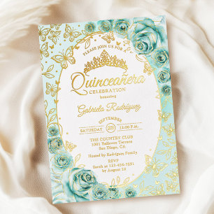 Invitation En Aluminium Turquoise Or Floral Quinceanera