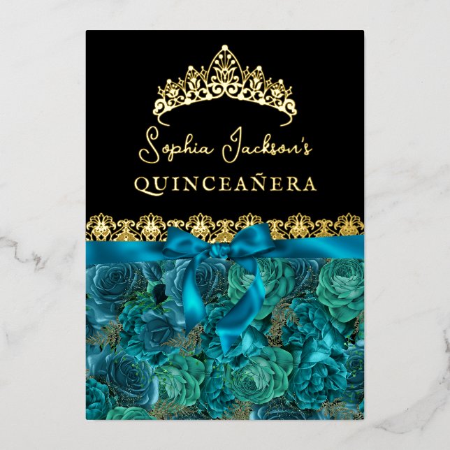 Invitation En Aluminium Turquoise or Floral Rose Quinceanera (Recto)