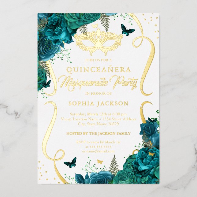 Invitation En Aluminium Turquoise or Floral Scroll Masquerade Quinceanera (Recto)