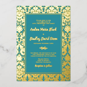 Invitation En Aluminium Turquoise Real Gold Foil Mariage damassé