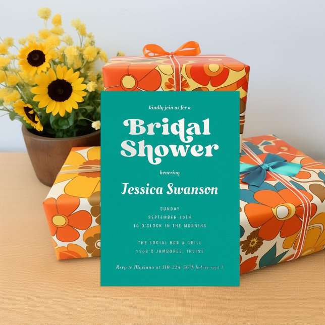 Invitation En Aluminium Turquoise Retro Serif Fête des mariées Silver (Créateur téléchargé)