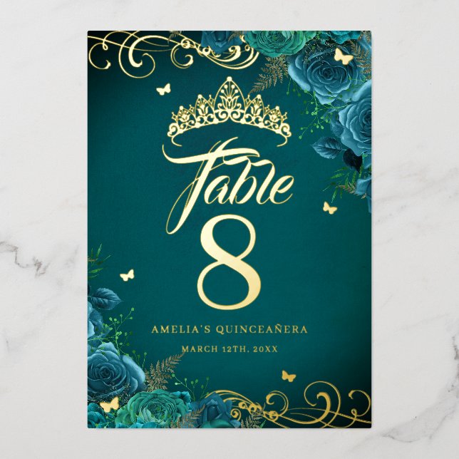 Invitation En Aluminium Turquoise Rose Swirl Quinceanera Gold Table Numéro (Recto)