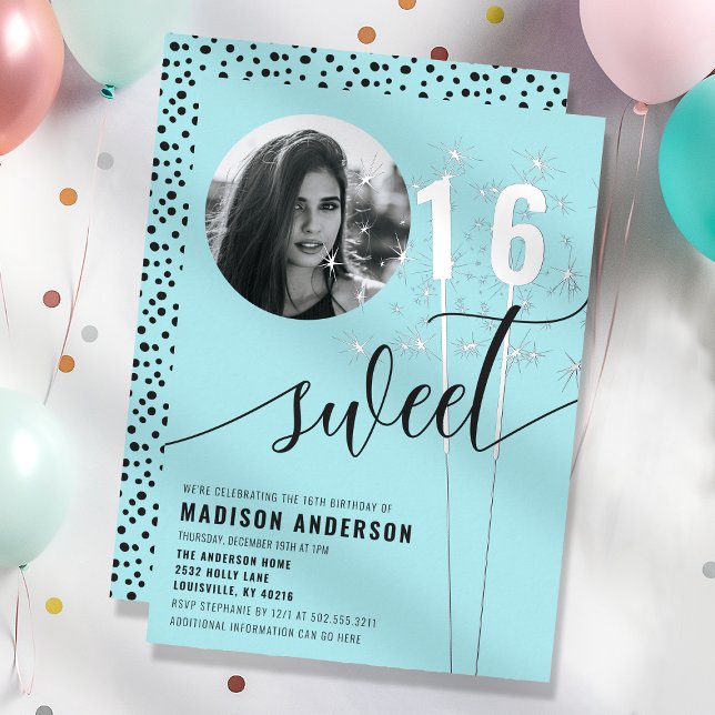 Invitation En Aluminium Turquoise Sparkler Sweet 16 Anniversaire Photo (Créateur téléchargé)