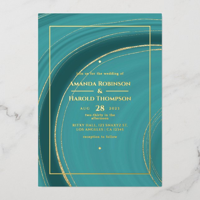 Invitation En Aluminium Turquoise - Turquoise et or Agate Mariage Foil Inv (Recto)